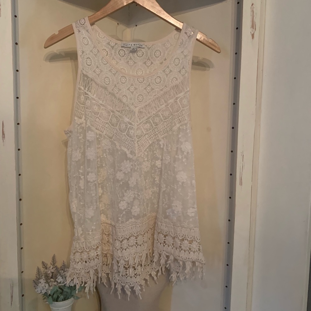 Avenue Haute Monde  Cream Sheer Lace Top, small